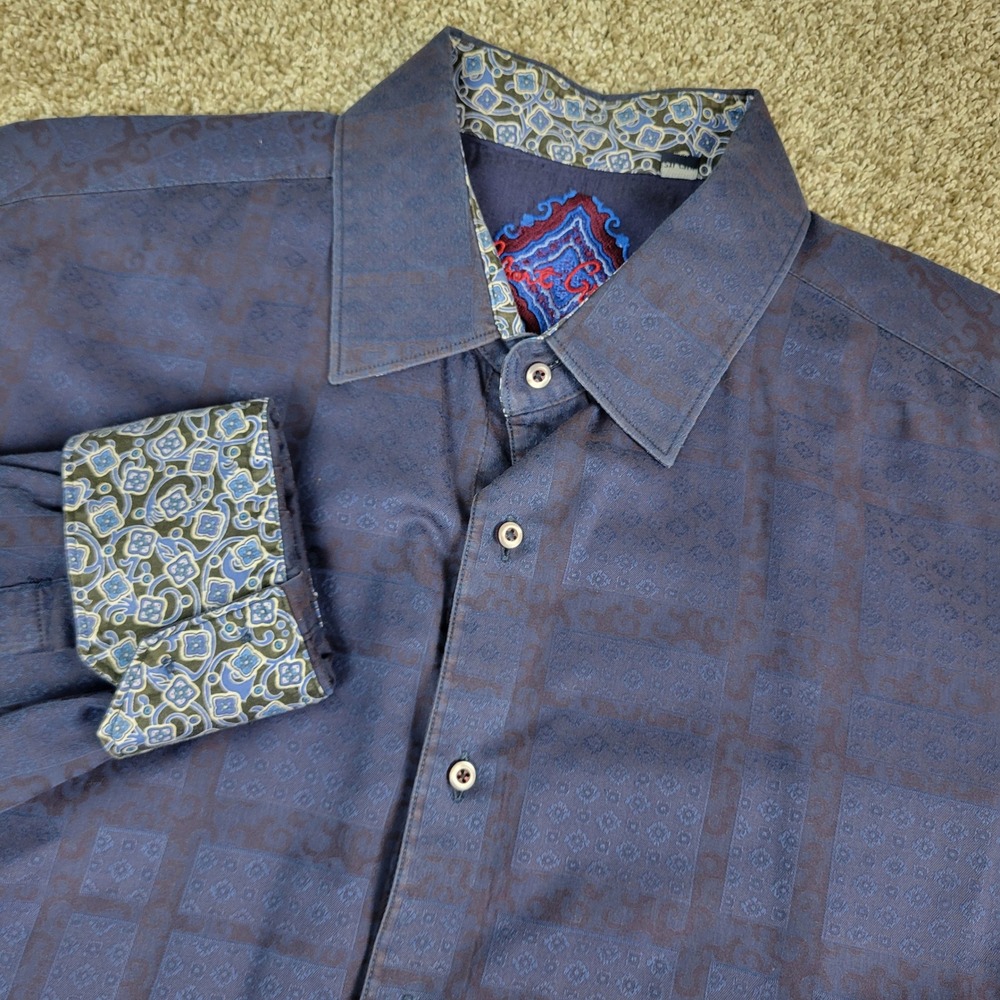 Robert‎ Graham Button Down Shirt Mens 2XL Blue Tonal Damask Jacquard Long Sleeve